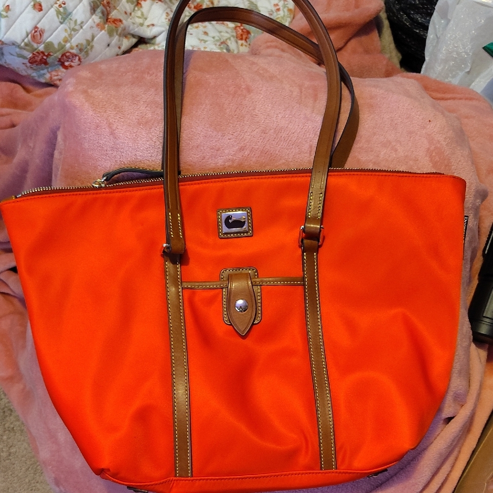 Dooney & Bourke Red and Brown Tote Bag with Leather Accents